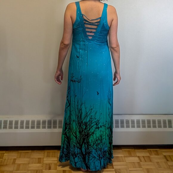 Blue and Green Forest-Print Maxi Dress - Picture 3 of 8